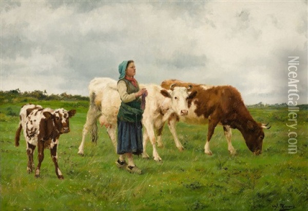 Kuhhirtin Oil Painting - Adolphe Charles Marais