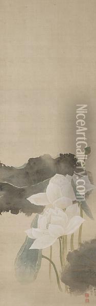 White-robed Kannon And Lotuses Oil Painting - Ikeda Sanshin Koson