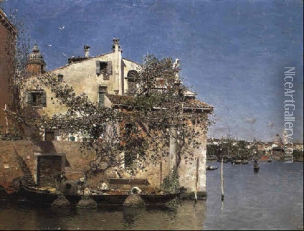 House On A Lagoon, Venice Oil Painting - Martin Rico y Ortega