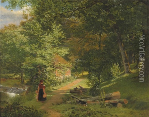 Mother And Child Accompanied By A Dog On A Woodland Path Oil Painting - William Frederick Witherington