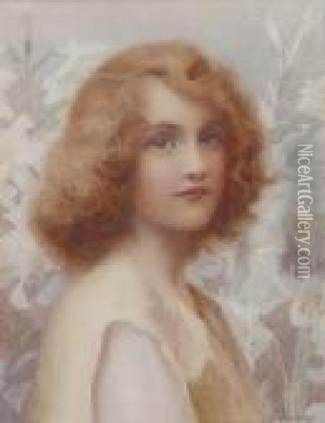 Portrait Of A Young Woman Amidst Lilies,signed, Watercolour Oil Painting - Henry Ryland