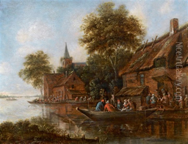 Eine Flusslandschaft Mit Beladenen Fahrbooten Oil Painting - Thomas Heeremans