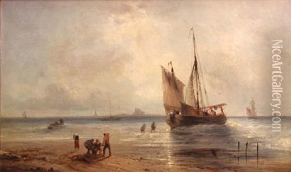 Boats Off Shore With Figures On The Beach Oil Painting - Andre Foneche