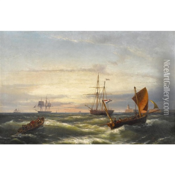 Segelschiffe Und Ruderboote Im Abendrot Oil Painting - Hermanus Koekkoek the Younger