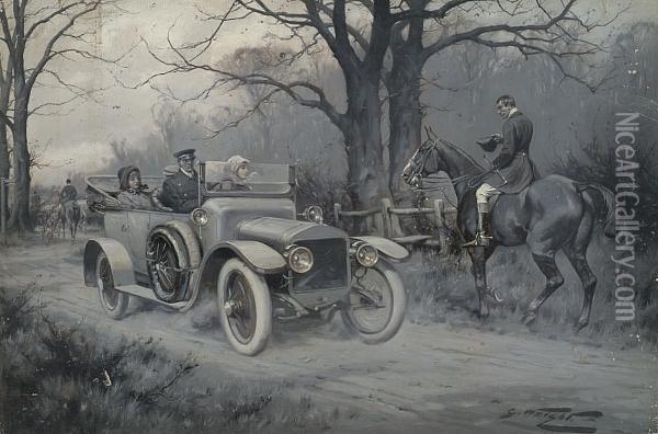 Huntsman Making Way For A Motor Car Oil Painting - George Wright