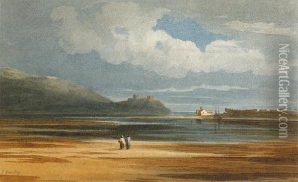 A View Of Harlech Castle, Across Traeth Mawr, Wales Oil Painting - John Varley