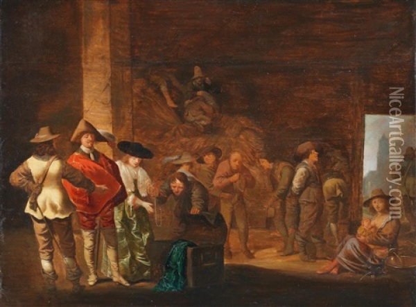 Figures In An Interior With Soldiers Plundering Oil Painting - Jacob Frans van der Merck