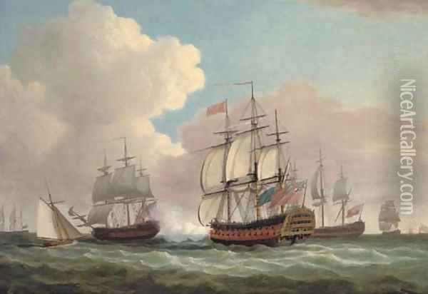 H.M.S. Ocean joining Admiral Keppel's fleet off Ushant, July 1778 Oil Painting - Dominic Serres