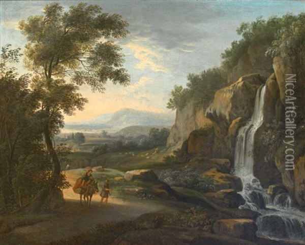 Arkadische Landschaft Mit Katarakt Und Figurenstaffage Oil Painting - Johannes (Jan) Glauber