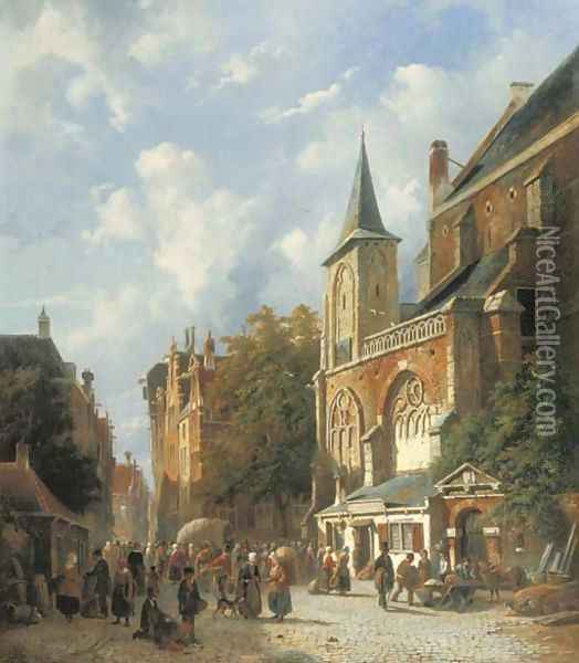 A bustling street by a church in a Dutch town Oil Painting - Adrianus Eversen