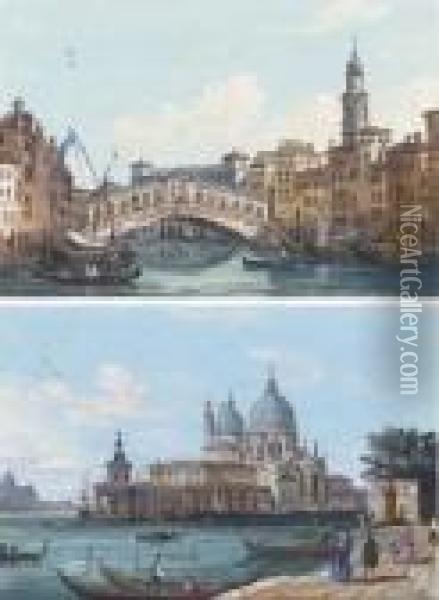 The Rialto Bridge, Venice; And 
The Dogana And Santa Maria Della Salute From The Piazza San Marco (both 
Illustrated) Oil Painting - Ippolito Caffi