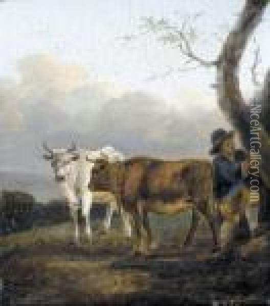 Bauernjunge Mit Zwei Kuhen. Oil Painting - Snr William Shayer