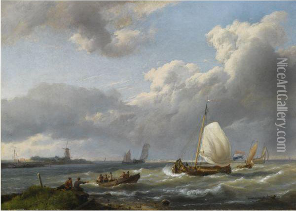 A Coastal Scene With Fishing Vessels Oil Painting - Hermanus Koekkoek