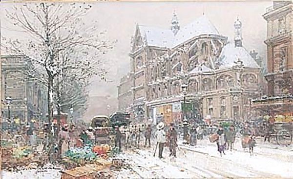 L'Eglise Saint-laurent Sous La Neige Oil Painting - Eugene Galien-Laloue