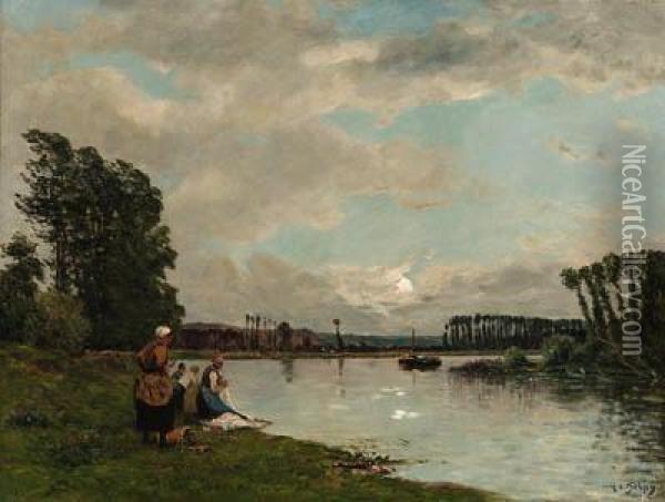 Washerwomen At A River Oil Painting - Hippolyte Camille Delpy