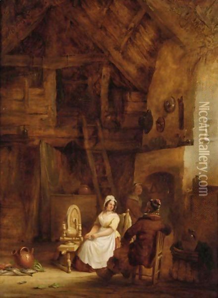 Lady Sitting At The Spinning Wheel Oil Painting - Nicholas Condy