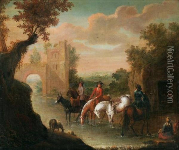 Elegant Company With Horses Oil Painting - Adam Frans van der Meulen