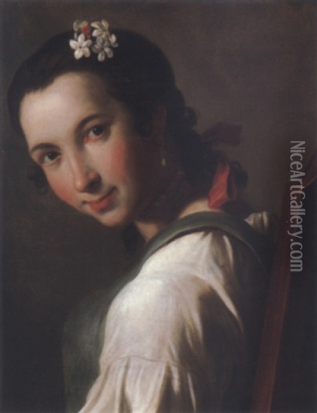 A Young Woman Looking Over Her Shoulder With Flowers In Her Hair Oil Painting - Pietro Antonio Rotari
