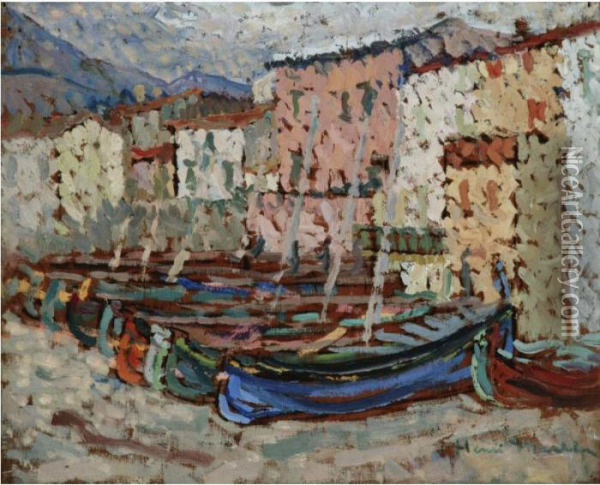 Les Barques Sur La Greve A Collioure Oil Painting - Henri Martin