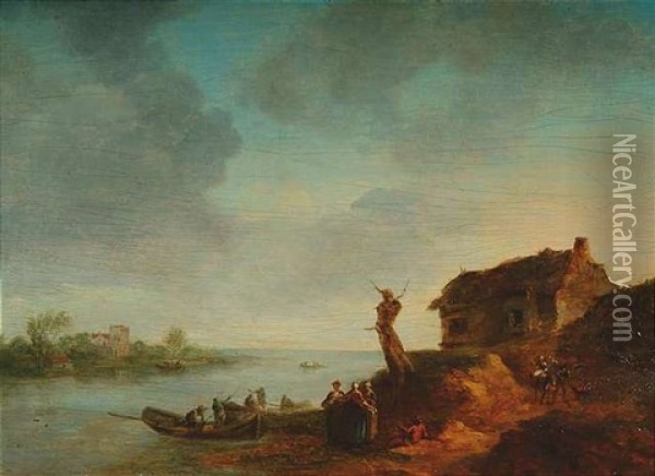 Weite Fluslandschaft Mit Anlegenden Fischerbooten Und Frauen Oil Painting - Johann Christian Brand