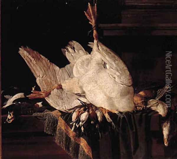 A goose, songbirds, a woodcock and a lapwing on a partially draped ledge Oil Painting - Jacobes Vonck
