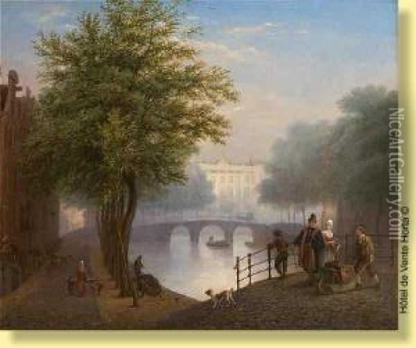 Conversation Sur Un Pont A Amsterdam Oil Painting - Johan Adolph Rust