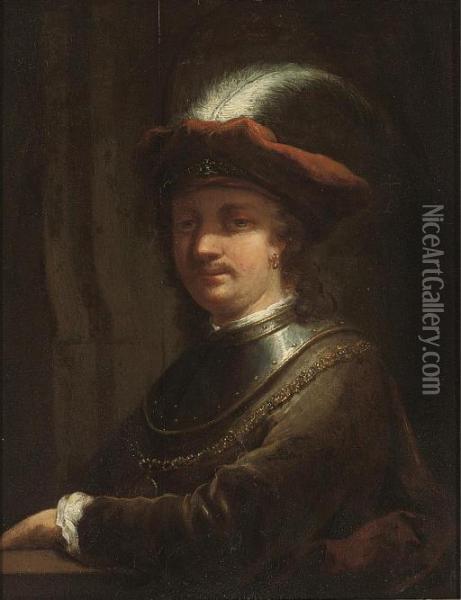Portrait Of The Artist, 
Half-length, In A Brown Velvet Coat With Breast-plate And A Red Plumed 
Hat Oil Painting - Rembrandt Van Rijn