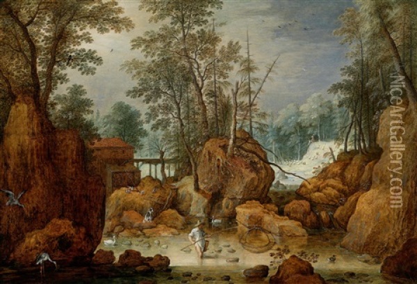 Ein Fischer In Einem Fluss In Einer Bewaldeten Landschaft Oil Painting - Marten Ryckaert