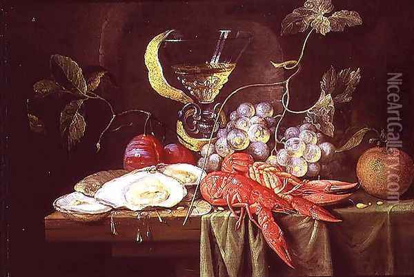 Still life with lobster, oysters and fruit Oil Painting - Alexander Coosemans
