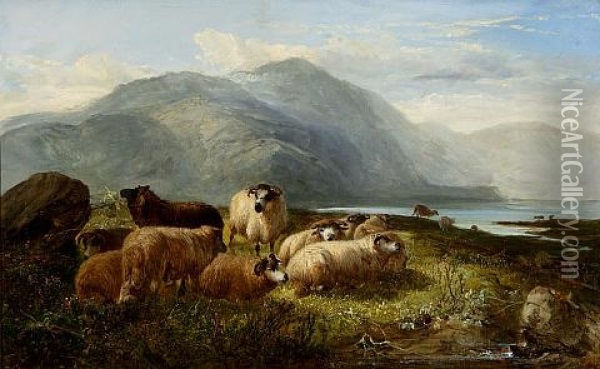 Sheep In A Highland Landscape (collab. W/joseph Denovan Adam) Oil Painting - Joseph Adam