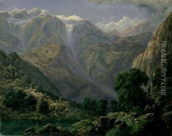 Schweizer Alpenlandschaft Mit Der Jungfrau. Oil Painting - Johann Wilhelm Schirmer