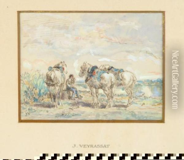 Dray Horses And Hay Making: Two Oil Painting - Jules Jacques Veyrassat