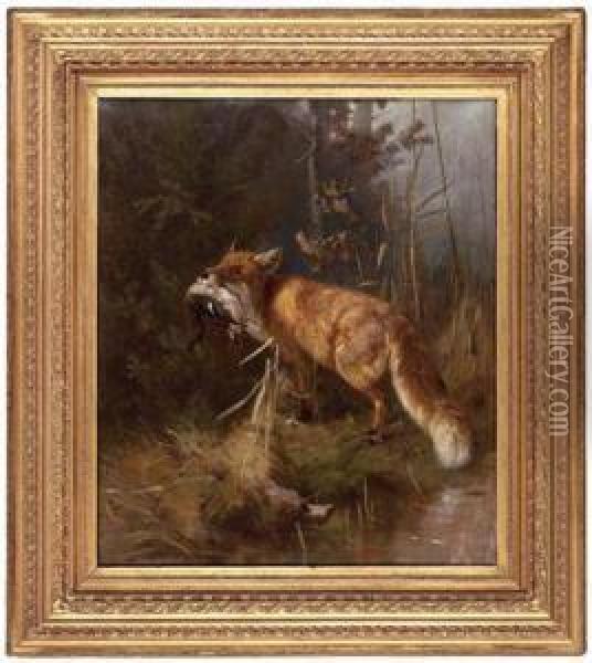 Fuchs Mit Beute In Waldlichtung Oil Painting - Guido Von Maffei
