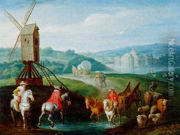 Cavaliers Passant Devant Un Moulin Oil Painting - Karel Beschey