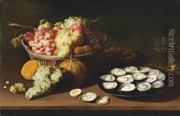Oysters On A Pewter Platter With Grapes And Walnuts In A Wicker-basket, On A Wooden Table Oil Painting - Jacob Fopsen van Es