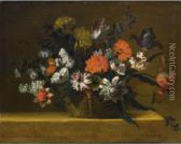 Natura Morta Con Cestino Di Fiori Oil Painting - Jean-Baptiste Monnoyer