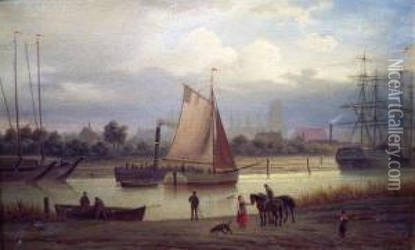Shipping On An Estuary 
 With Figures And Distant Town Oil Painting - Hermann Meyerheim