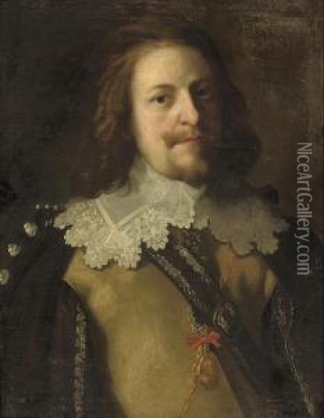Portrait Of An Officer, Half-length, In A Buff Coat And Lacecollar Oil Painting - Bartholomeus Van Der Helst