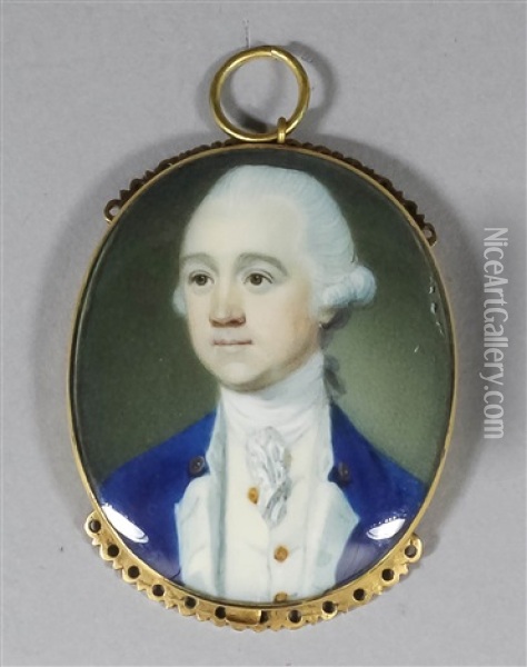 Miniature Shoulder Length Portrait Of A Young Man In A Blue Coat With White Trim And Waistcoat Oil Painting - Richard Crosse