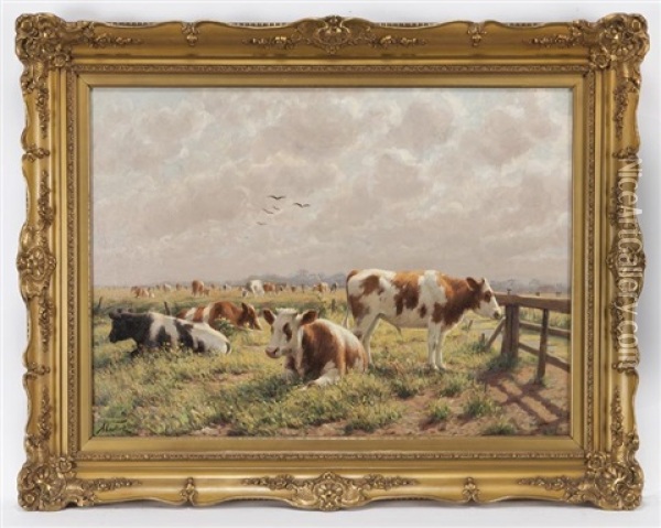 Untitled (cattle Grazing In A Pasture) Oil Painting - Albert Caullet