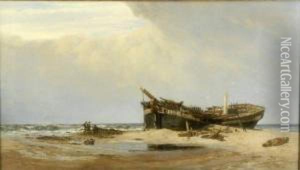 'the Old Wreck' 1871 London International Exhibition Labelverso Oil Painting - Charles Thorneley