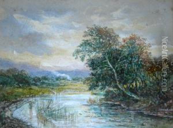 Riverside Landscape Oil Painting - Charles Nicholls Woolnoth