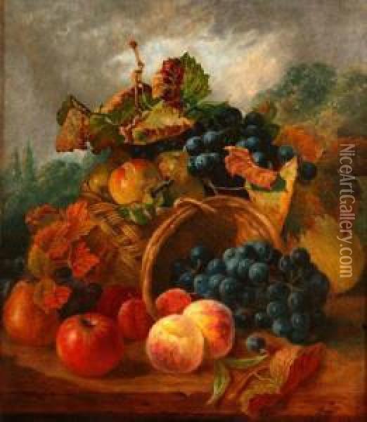Still Lifestudy Of Pears, Apples, Peaches And Grapes In A Basket On A Ledge Oil Painting - Eloise Harriet Stannard