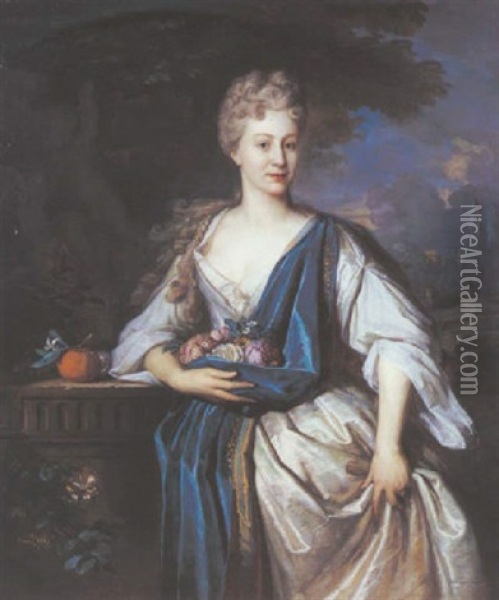 Portrait De Jeune Femme Au Drape Bleu Tenant Des Fleurs Oil Painting - Carel de Moor