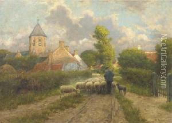Guiding Home The Flock Oil Painting - Henri Houben