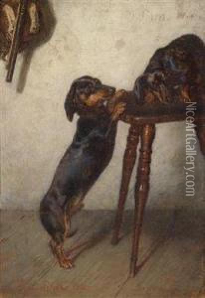 Two Basset Hounds/dachshunde Oil Painting - Julius Pollak