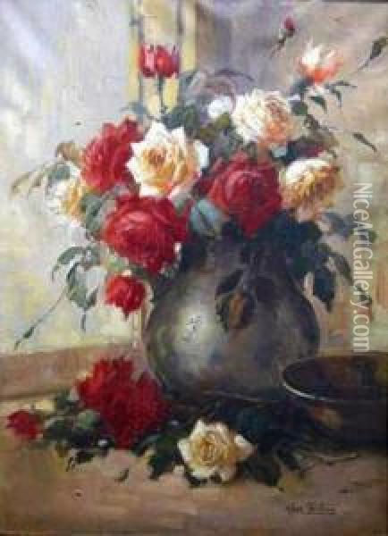 Bouquet De Roses Dans Un Vase En Etain Oil Painting - Kees Terlouw