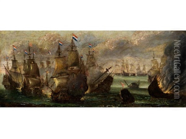 Seeschlacht Mit Hollandischen Schiffen Oil Painting - Adriaen Van Der Cabel