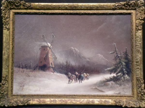 Winter Scene With Windmill Oil Painting - George Robert Bonfield
