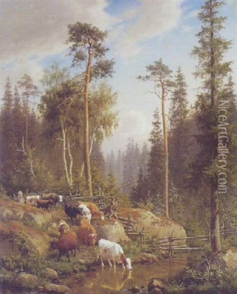 Koer Ved Vandingssted, Sverige Oil Painting - Carl Henrik Bogh
